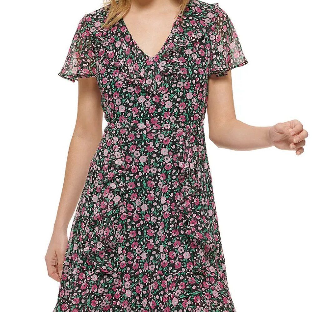 Karl Lagerfeld Dress Floral Ruffle Hi/Lo Pink Green Ruffle Sleeves NWOT …